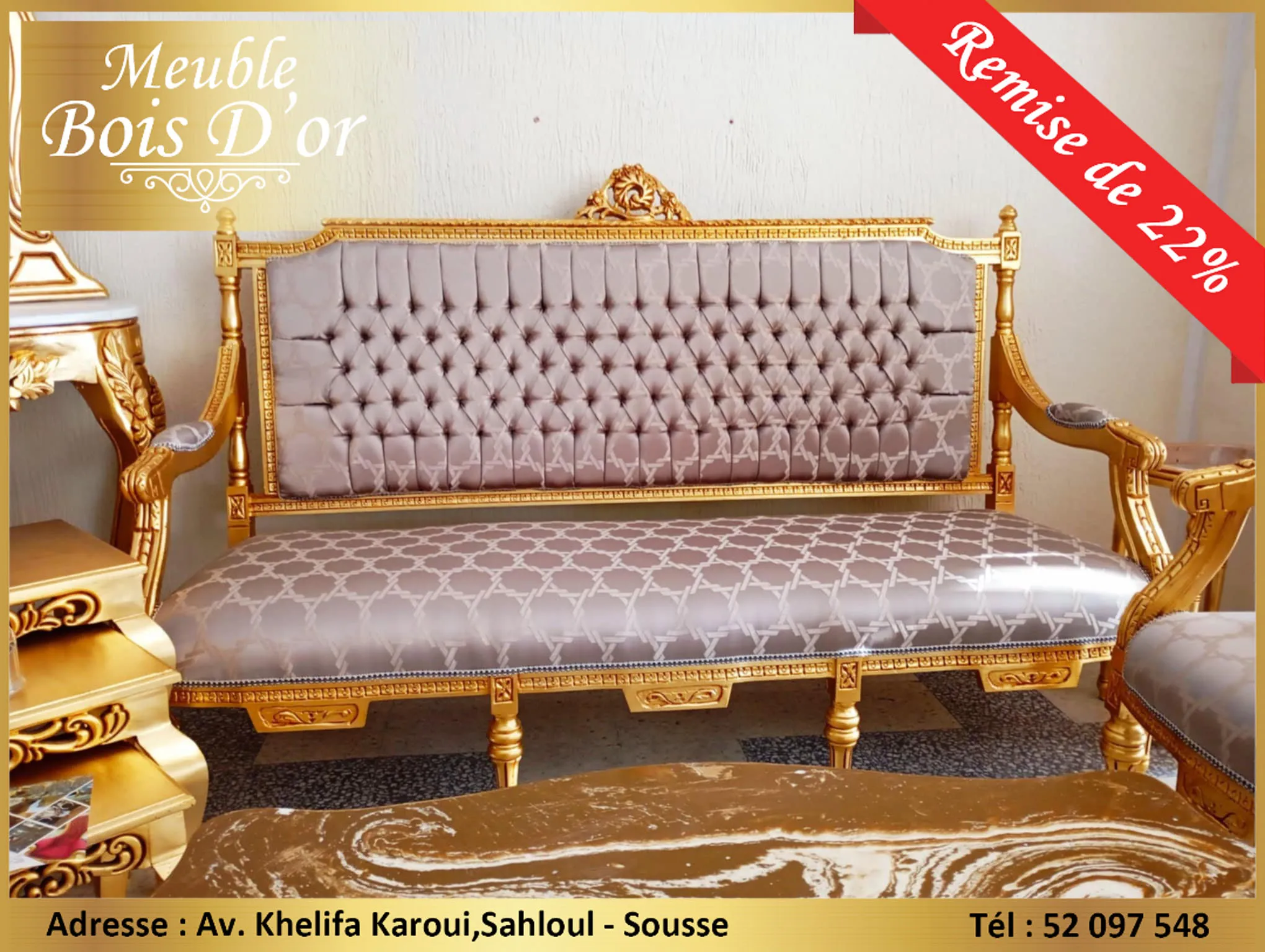  Grand Salon Louis 16 Style Carré Bois Blenz en feuilles D'or en PROMOTION à sousse - Photo 2