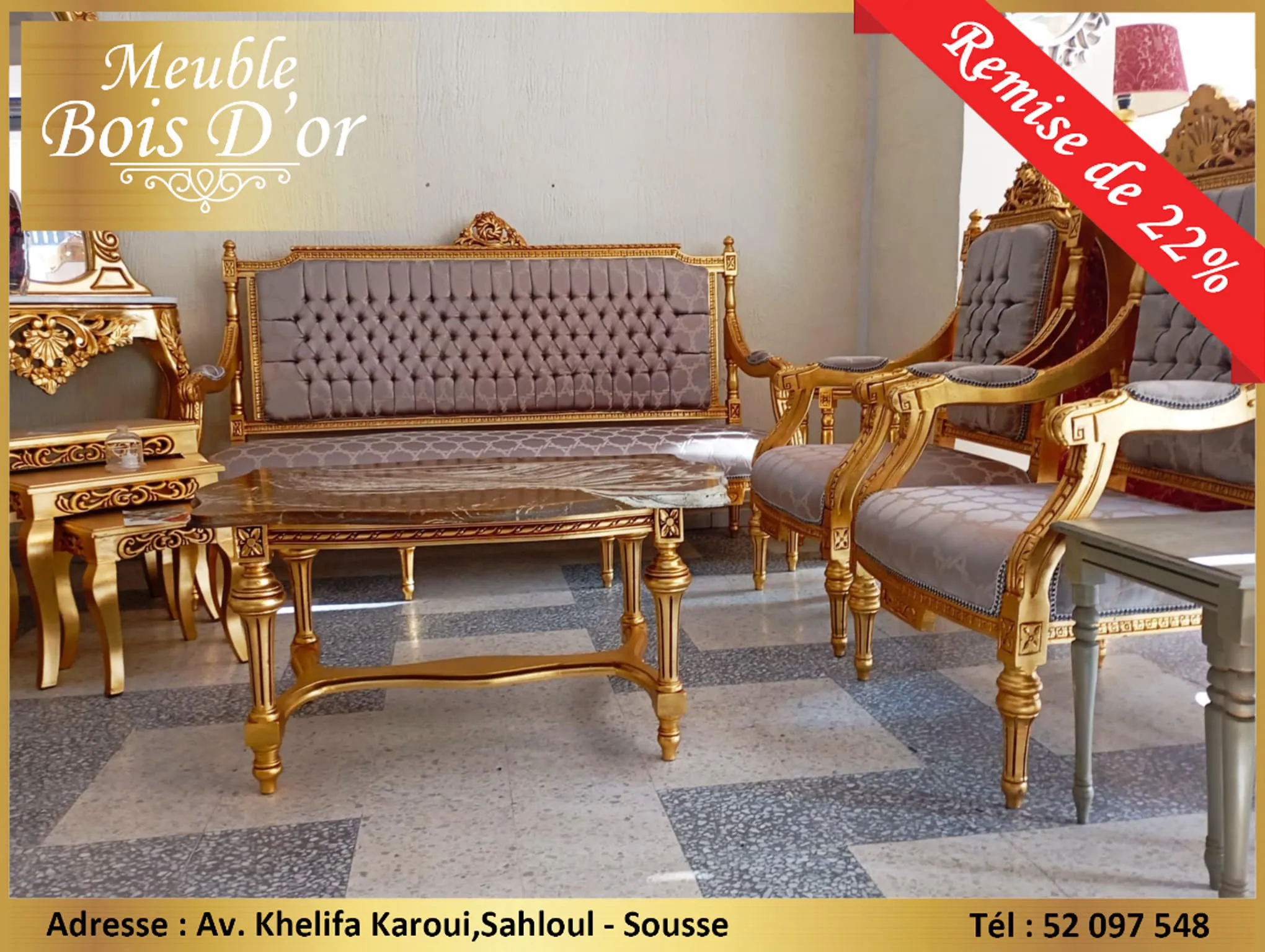  Grand Salon Louis 16 Style Carré Bois Blenz en feuilles D'or en PROMOTION à sousse - Photo 3