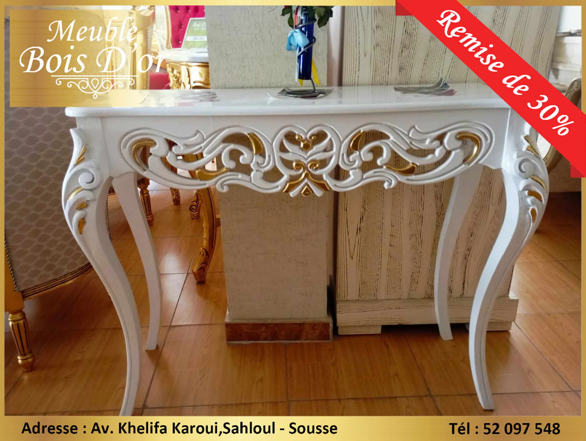  Console Baroque en peinture Acrylique blanche et quelques Touches en Feuilles D'or en PROMOTION. à sousse - Photo 3