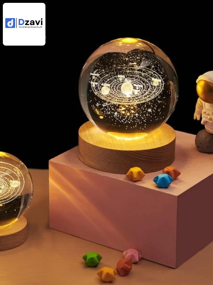 boule de cristal en forme planètes 3D avec base en bois pour décoration ou lampe de nuit plusieurs dimensions disponibles