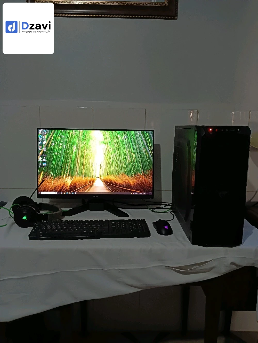 -Écran acer 24 pouces .75hz display port+ 2 HDMI porte. 1080p -Carte mère B450m-A fiha 4 slot pour ram -Processeur Ryzen 3 2200g Vega 8 + fan -Ram 16g ddr4 -Boite alimentation capsys 700W -Stockage 1 terra hdd -Sori Razer Viper mini -Casque Razer kraken -