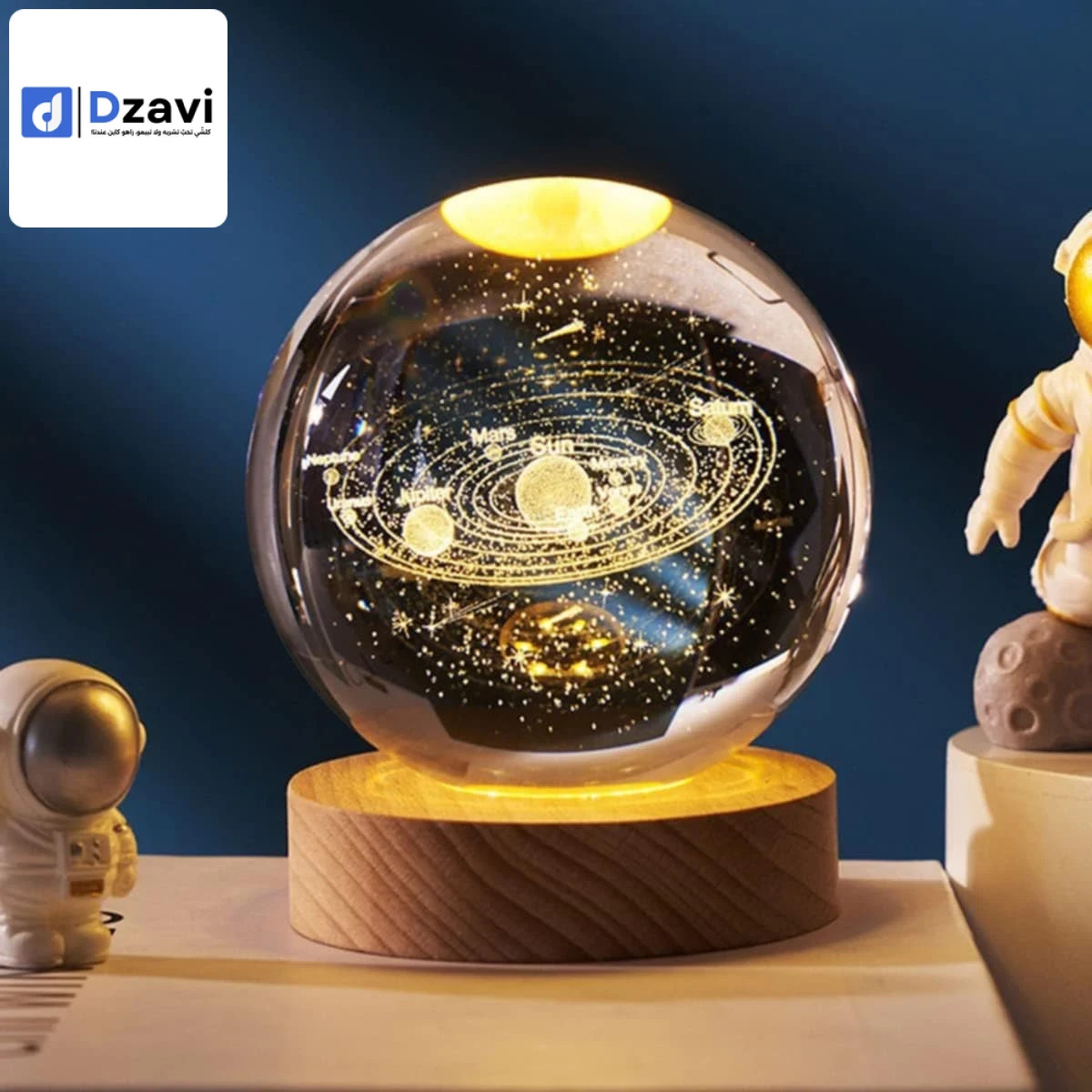 boule de cristal en forme planètes 3D avec base en bois pour décoration ou lampe de nuit plusieurs dimensions disponibles