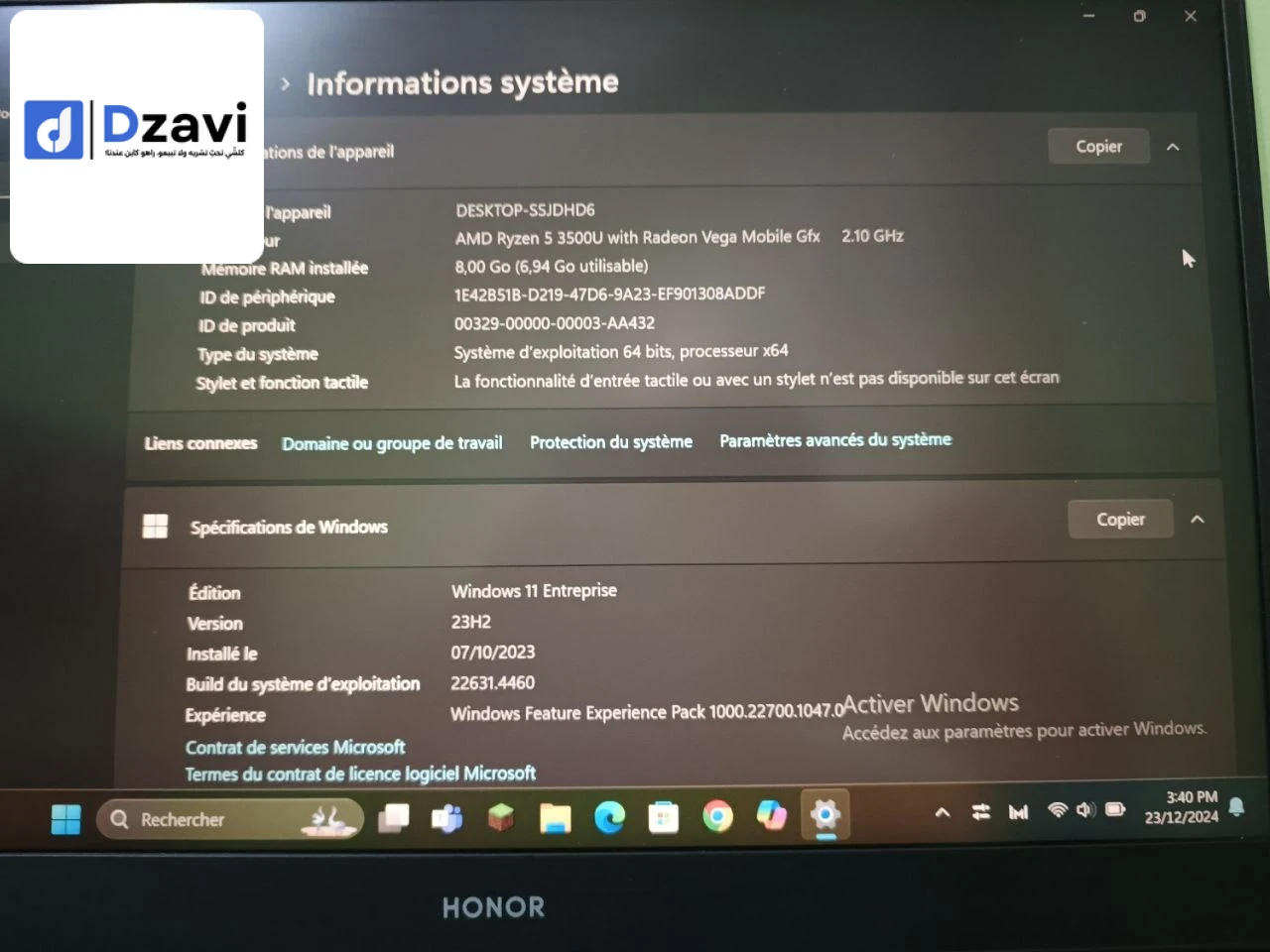 Honor Magic book 14 en très bon état ✅Processeur: AMD Ryzen 5 3500U ✅Ram: 8 Go ddr4 ✅ Disque dur: 256 Go NVME ✅Carte graphique: AMD Radeon vega mobile Gfx ✅ Écran: 14 pouces full HD ✅les port: 2usb/3.5 jack/HDMI/type c ✅Clavier AZERTY lumineux avec emprei