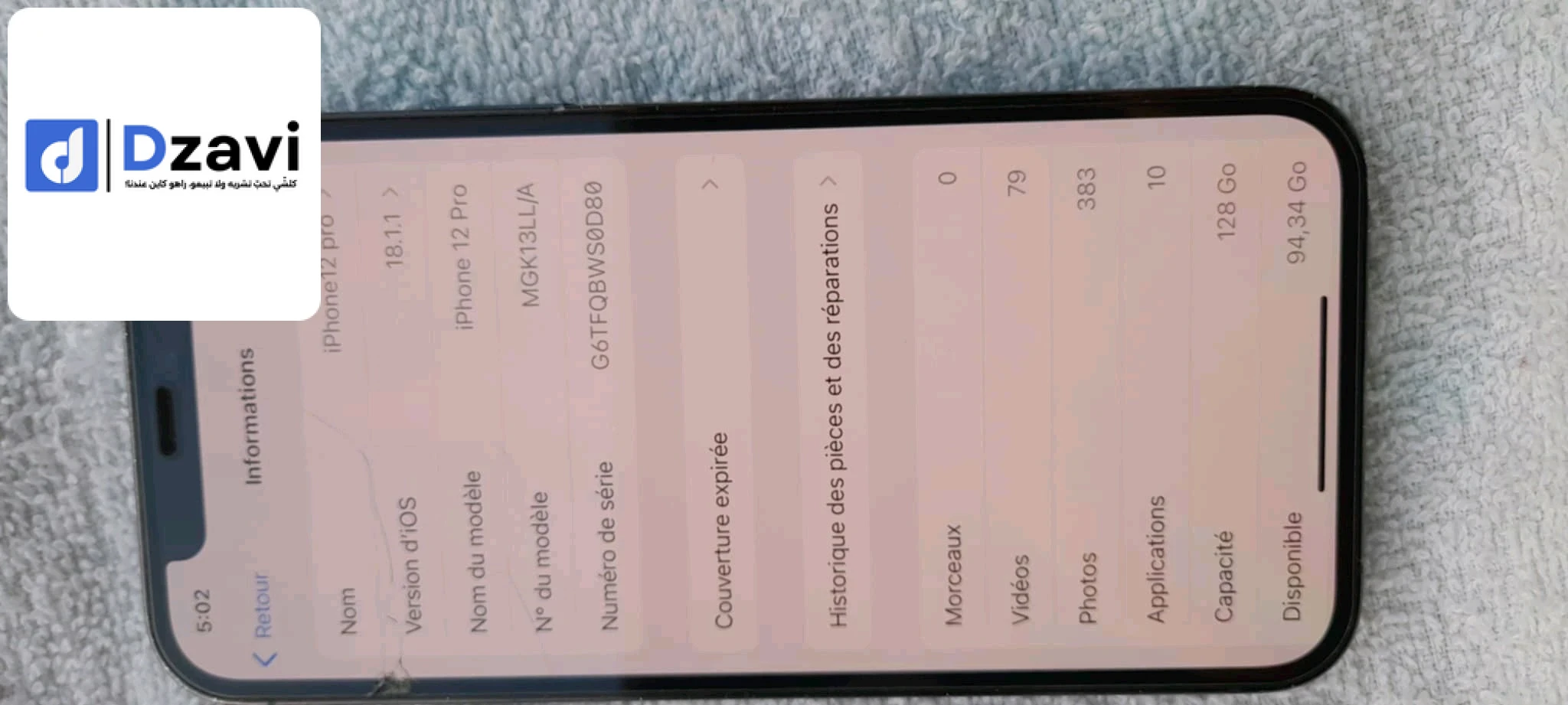 iPhone 12 Pro m9lob fi hba iCloud 0774762995 Stockage 128 go Batri 79 Face Id active True tone active