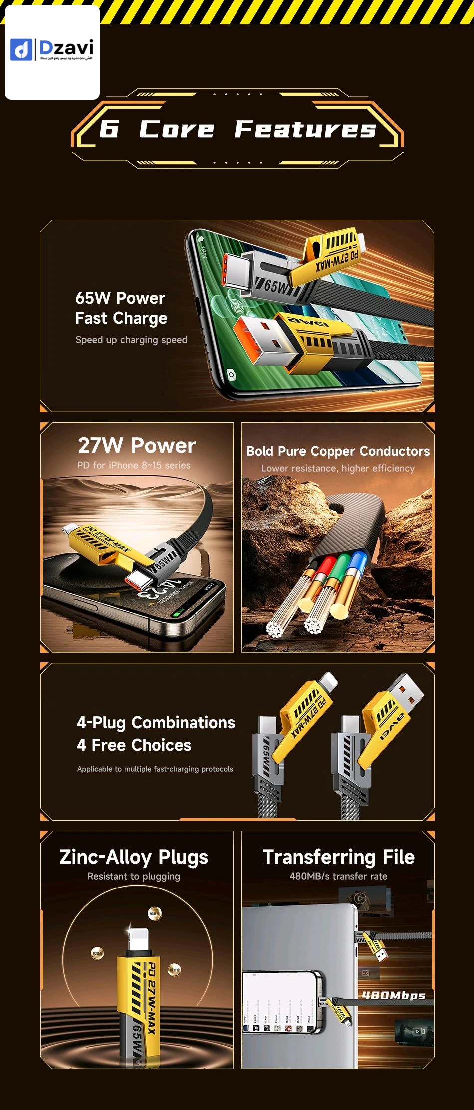 Awei-Câble de charge rapide multifonction, PD27W, quatre en un, charge touristique C65W, adapté pour Apple 15, Xiaomi Samsung