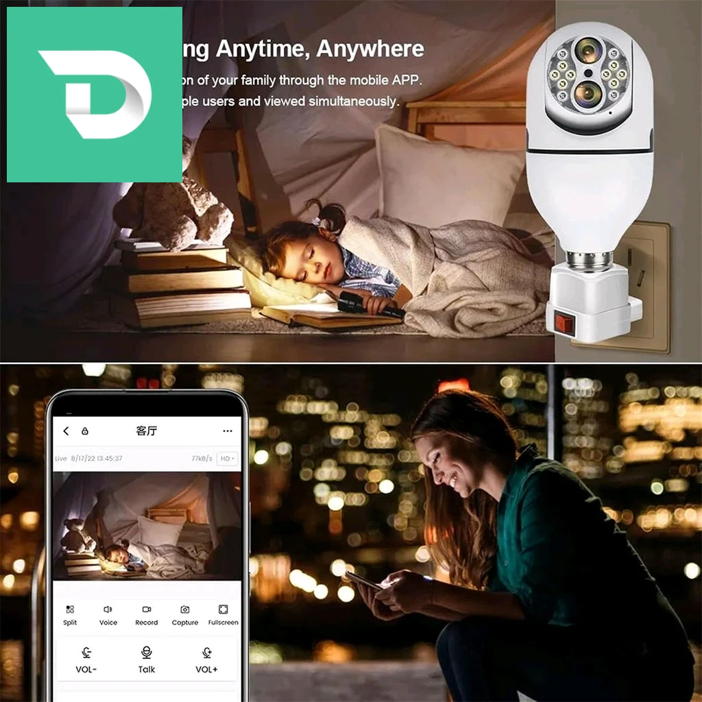 Caméra de Sécurité Ampoule à Double Objectif Suivi Automatique – كاميرة مراقبة بميزة التتبع الذاتي 