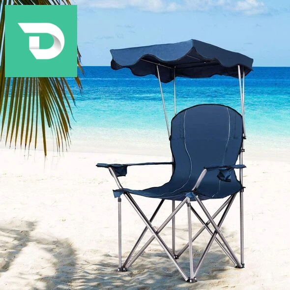 كرسي الاسترخاء قابل للطي بتصميم متين بحاملة أكواب و مظلة لخرجات التنزه و التخييم Chaise Longue Pliable Avec Porte Goblet Et Ombrelle 